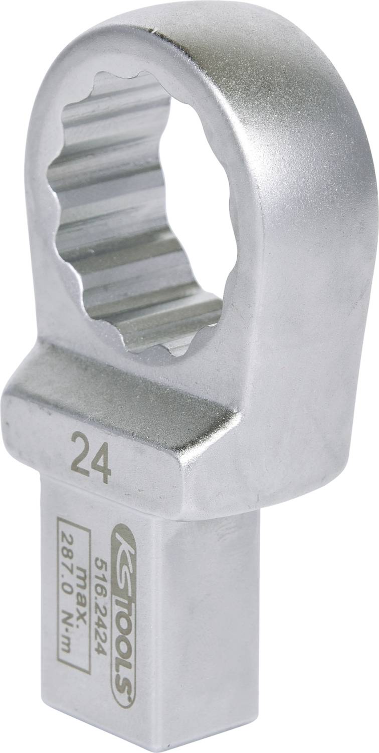 En silverfärgad skruvmejselhuvud med 24 mm storlek. Trycket visar 'KS Tools' och en maximal kapacitet på 287 Nm.