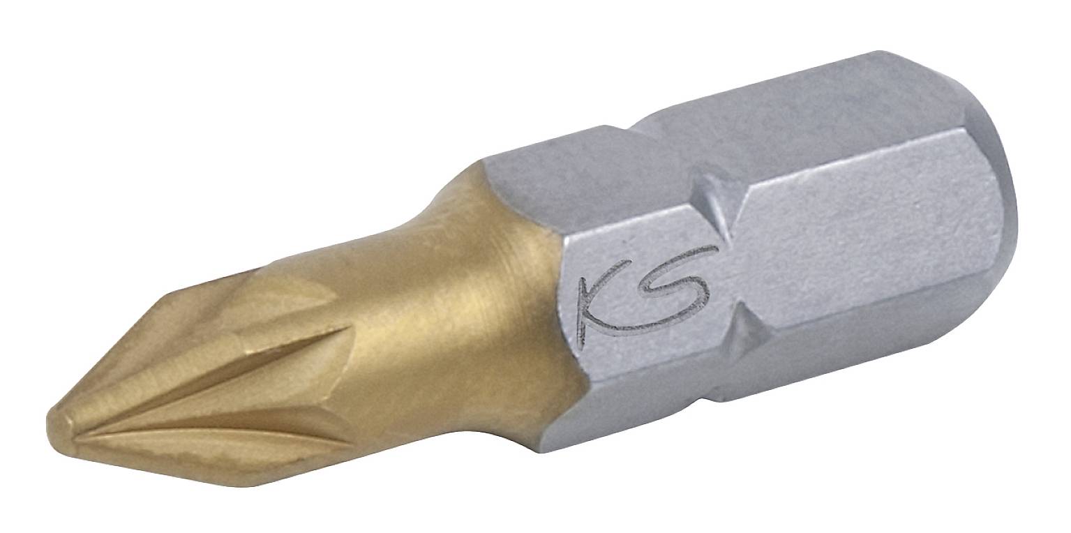 En guldfärgad skruvmejselinsats med sexkantig skaft och krysspår-spets, lämplig för precisionsarbeten med skruvar.