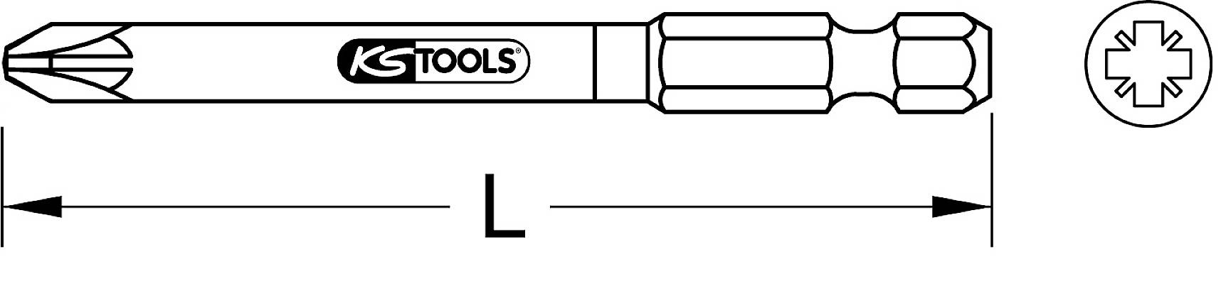 Illustration av ett skruvmejselbitshuvud med krysspår vid spetsen och KS Tools-logotyp. Längd markerad med 'L'.