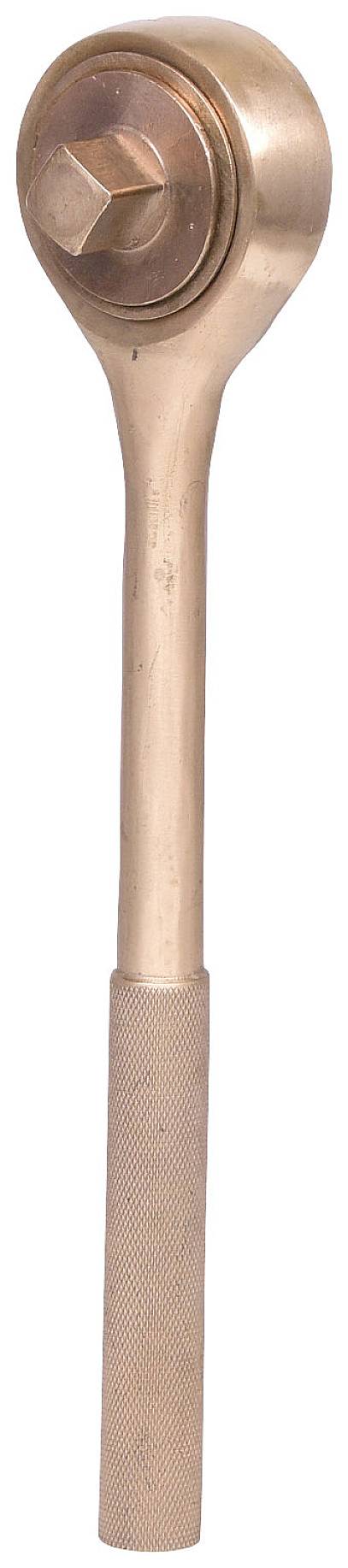 En enkel kopparskruvnyckel med rund handtag och fyrkantig drivhuvud för användning på känsliga material.