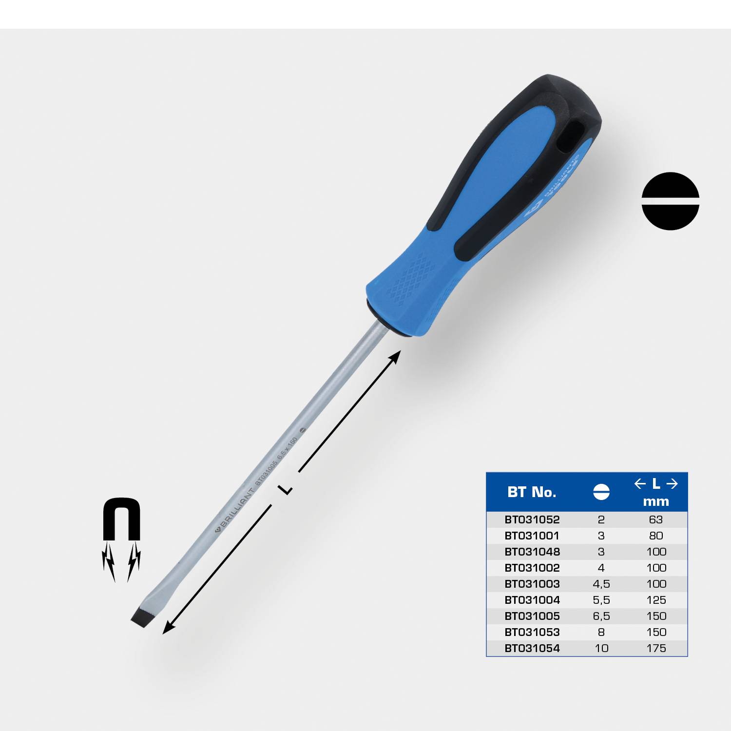 Skruvmejsel med magnetisk spets, längd 100 mm. Tabell visar artikelnummer för olika storlekar, från 3 till 10 mm.