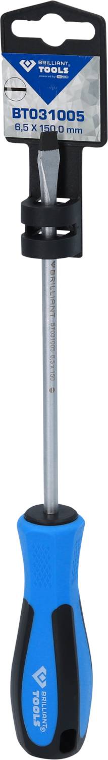 Skruvmejsel med blå-svart handtag, metallblad, lämplig för spårskruvar. Förpackning ovanpå med produktdetaljer.