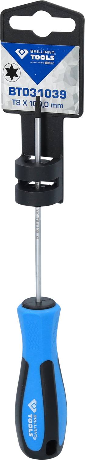 En blå skruvmejsel med svart handtag och stjärnspets. Förpackningen visar 'BT031038 1x100mm' från en tillverkare av verktyg.