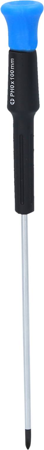 En liten skruvmejsel med blått handtag och svart skaft, lämplig för fina arbeten eller elektronik.