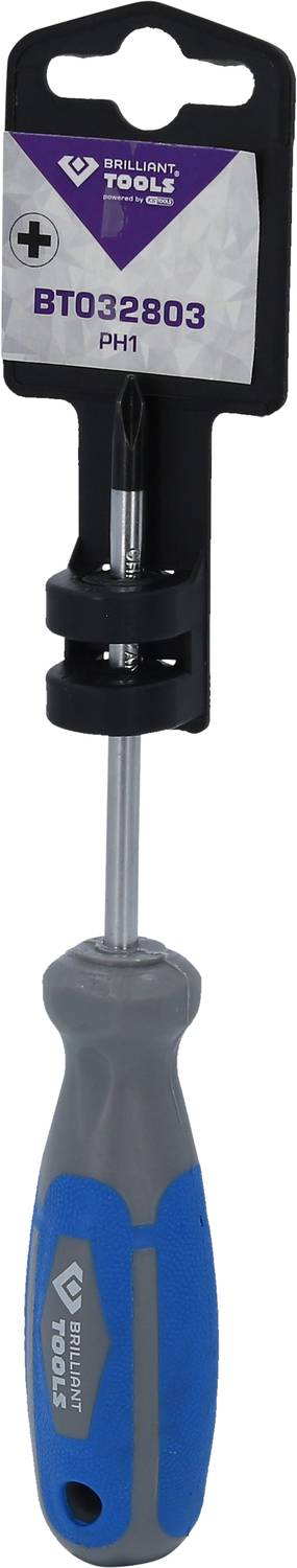 Skruvmejsel med blått handtag, PH1-spets, märke Walker Tools, modell BT032803, i en svart och lila förpackning.