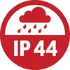 En röd symbol med ett moln och vattendroppar ovanför, under vilket det står 'IP 44', vilket indikerar skydd mot vatten och medelstora främmande föremål.