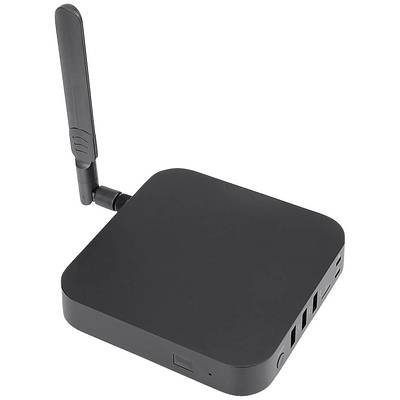 En svart mini-PC med monterad antenn och flera USB-portar på sidan, lämplig för kompakta datorapplikationer.