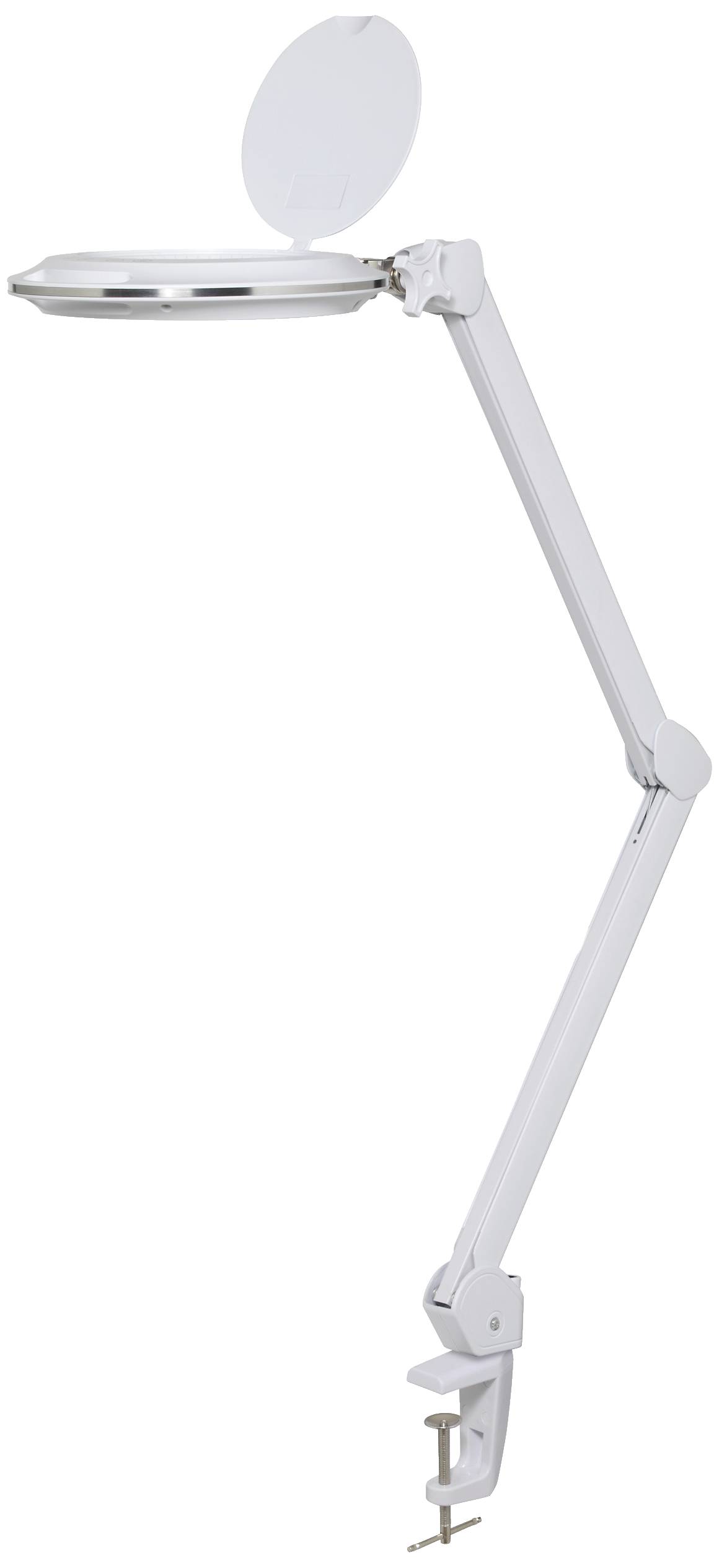 Vit skrivbordslampa med justerbar arm och förstoringsglas, fäst med en klämma för flexibel positionering på ett bord.