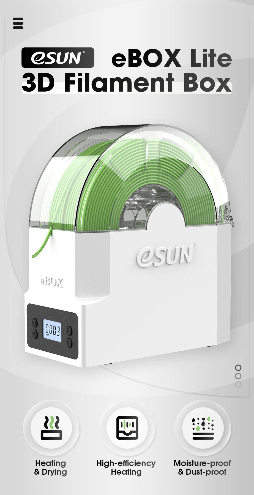 'eSUN eBOX Lite' 3D-filamentlåda i vitt med grönt filament. Funktioner: Uppvärmning och torkning, hög effektivitet, fukttät och dammtät.