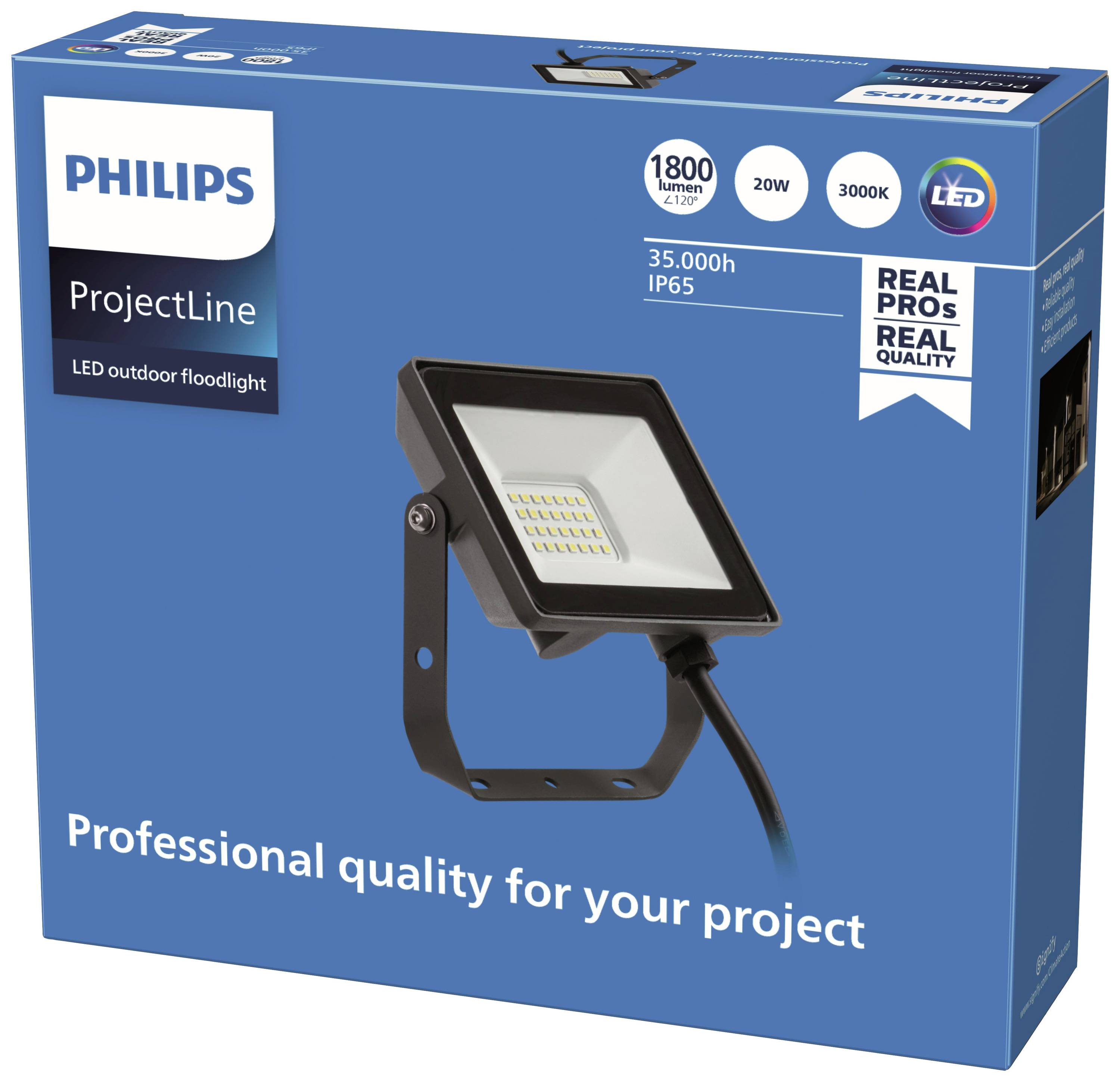 Blå kartong med en LED-strålkastare från Philips, 1800 lumen, 20W, 3000K, IP65. Text: 'Professionell kvalitet för ditt projekt'.