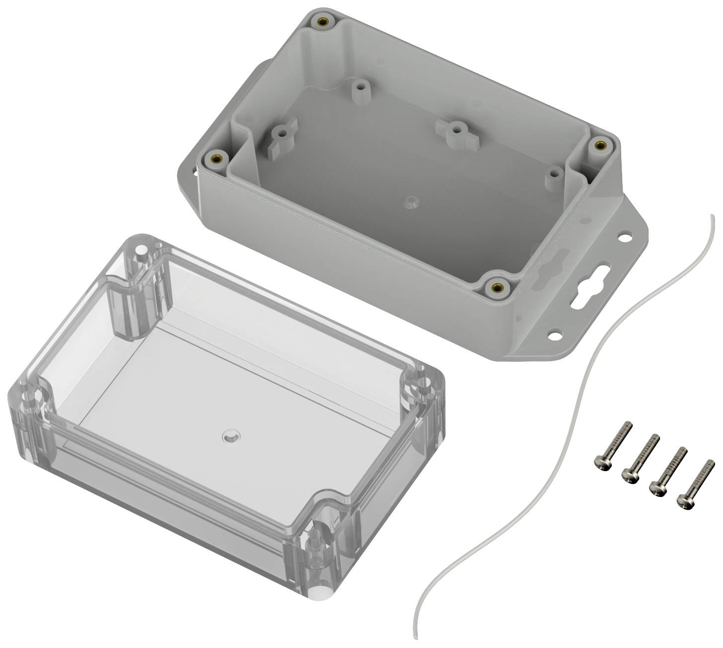 Hölje med avtagbar transparent täckning, 4 skruvar och tätningslist, lämplig för skydd av elektroniska komponenter.