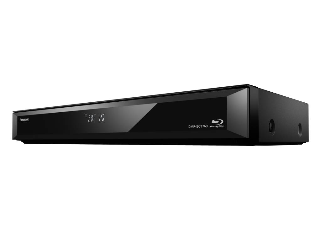 En svart Panasonic Blu-ray-spelare med digitalskärm och smal design, modell DMR-BCT76, sedd från sidan.
