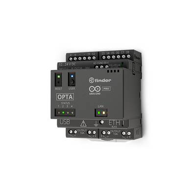 Elektronisk styrenhet med flera anslutningar och LED-indikatorer för status och LAN. Varumärkeslogotyper från Finder och Arduino synliga.