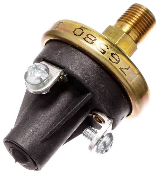 En närbild av en mekanisk sensor med en gängad metallövre del för montering och två skruvanslutningar, troligen för elektrisk anslutning.