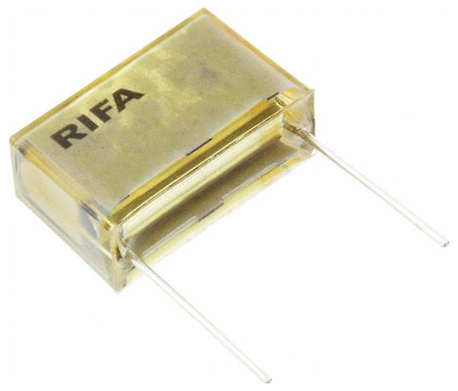 En rektangulär kondensator märkt "RIFA" med två metallledningar som sträcker sig från ena sidan. Kapslingen är en transparent bernsteinfärgad.