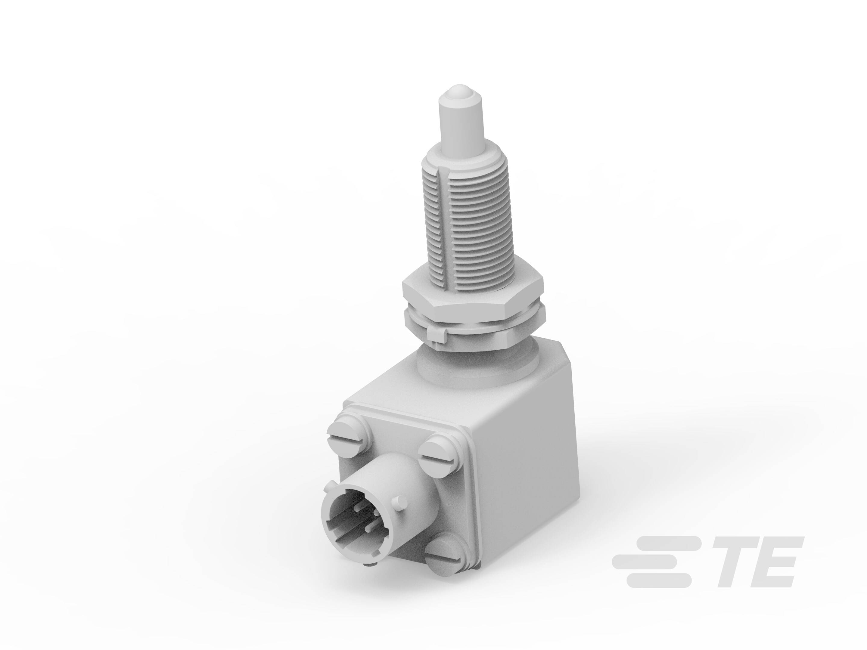 Elektrisk komponent med cylindrisk sensor och kvadratisk bas. Tillverkarlogotyp i hörnet.
