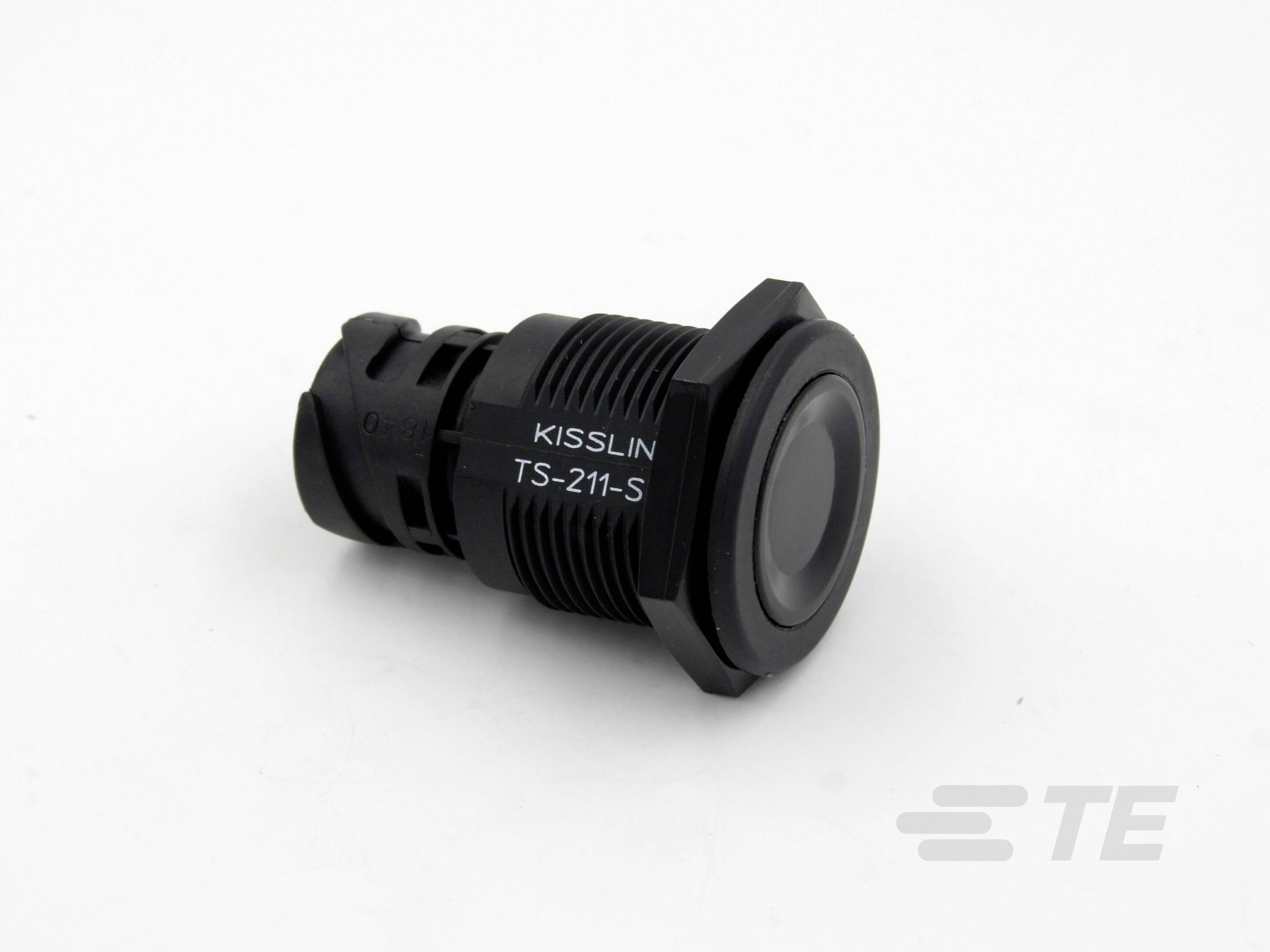 Svart tryckknapp med texten 'KISSLING TS-211-S' på vit bakgrund.