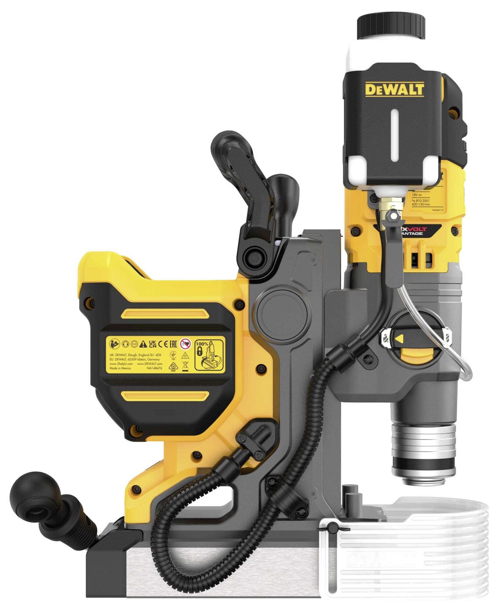 En gul och svart DeWalt magnetborrmaskin med spak och kabel, monterad på en metallbas.