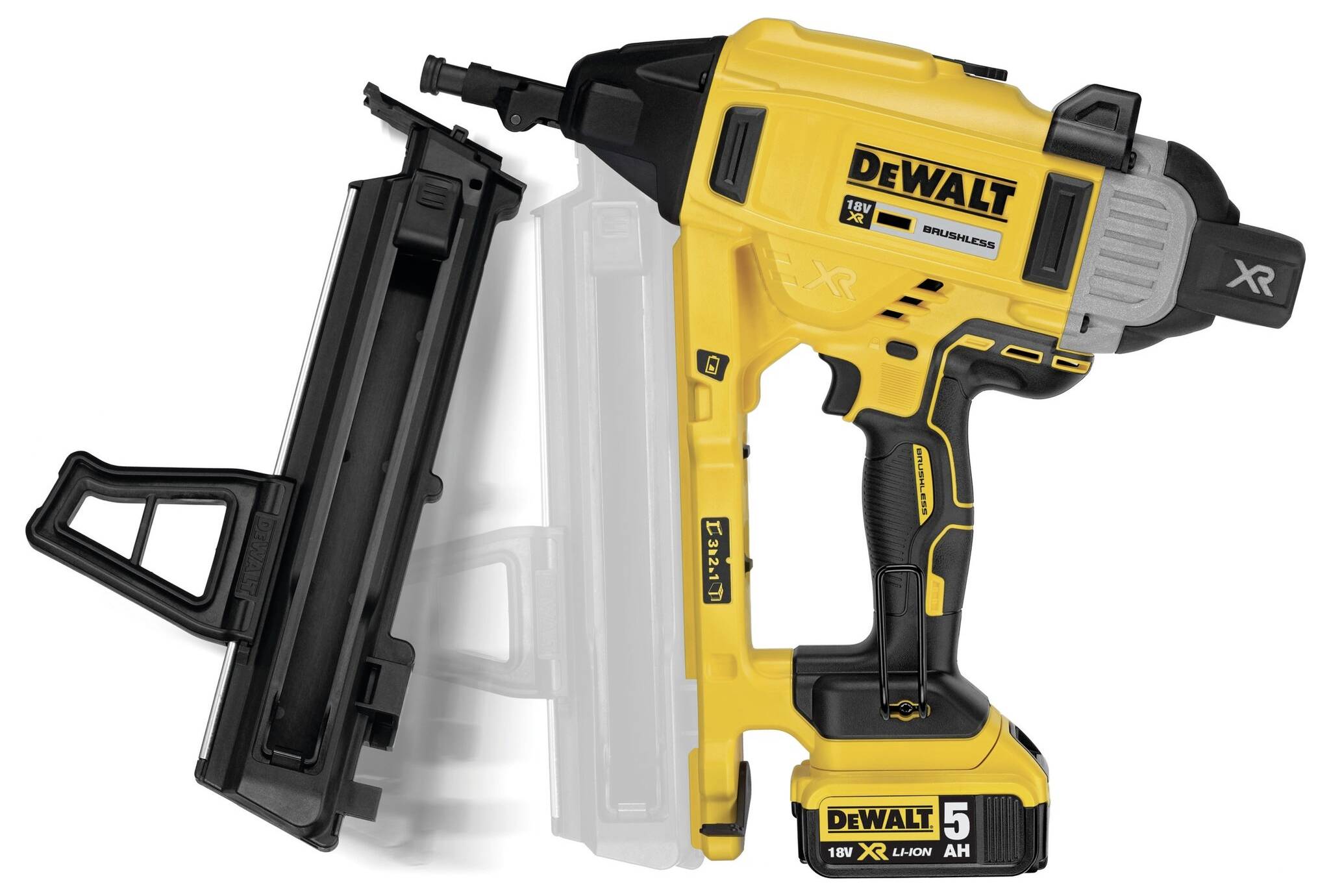 Gul och svart sladdlös spikpistol från DeWalt, XR-modell, med avtagbar spikmagasin.