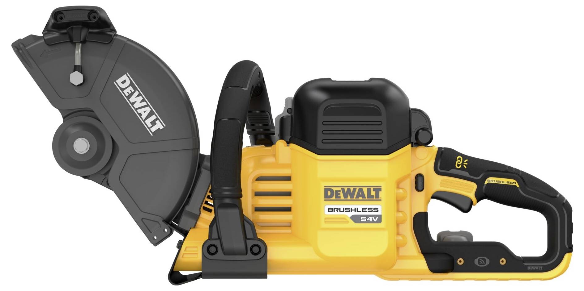 DeWalt batteridriven vinkelslip i gul-svart färg, med robust hölje och sidohandtag, lämplig för krävande kapningsarbeten.