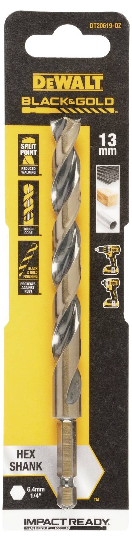 DEWALT borrsats, 'Black & Gold', 13 mm, lämplig för metall och trä, sexkantig skaft, 'Impact Ready'.