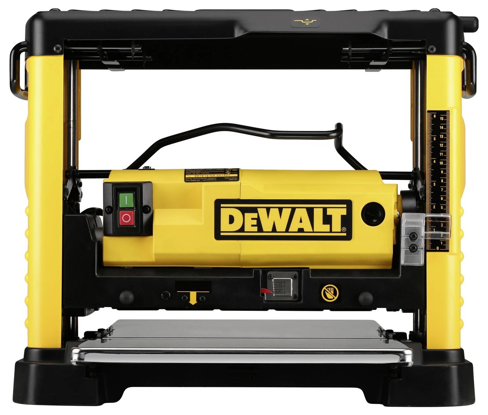 Gul DeWalt-hyvel med svarta detaljer och manövreringsknappar. Lämplig för precisionsbearbetning av trä i verkstäder.