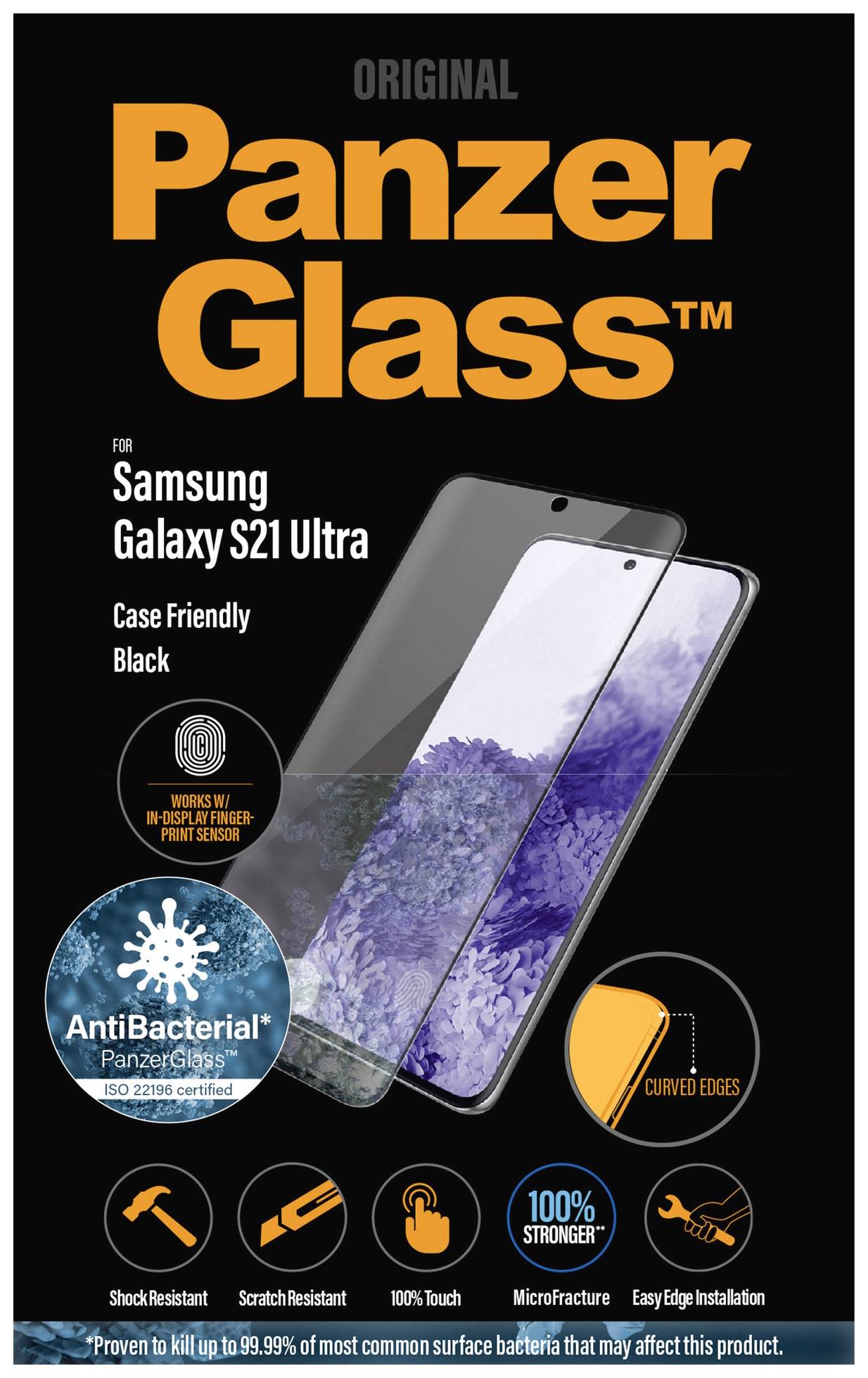 PanzerGlass för Samsung Galaxy S21 Ultra: stöt-, rispskyddad, 100% klar, antibakteriell, enkel installation, svart fodral.