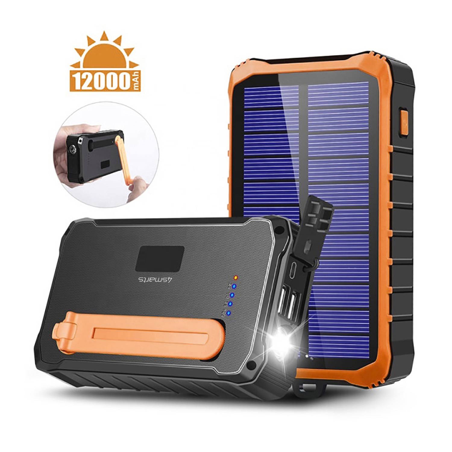 Bärbar solarladdare med 12000 mAh kapacitet, orange skydd och solpanel. Visar USB-anslutningar och LED-ljusanvändning.