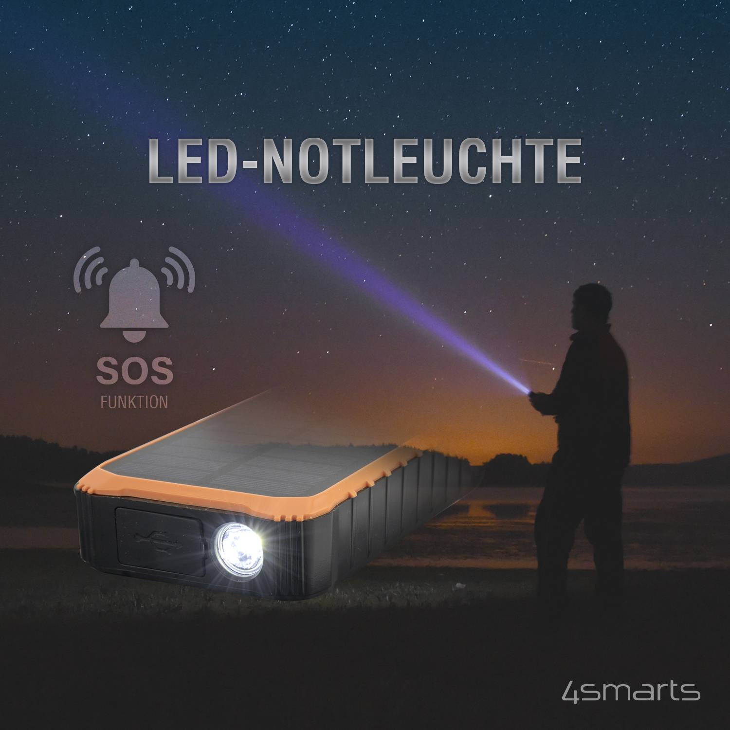 LED-nödlampa: En person lyser med en ficklampa i mörkret. Text: 'SOS-funktion'. Produkt från 4smarts.