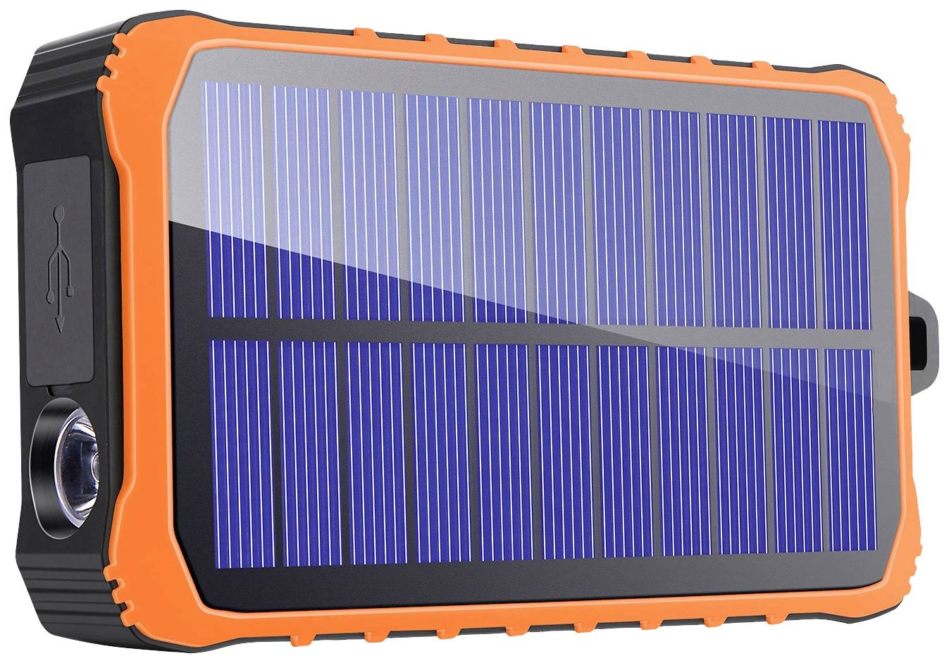 Bärbar solarladdare med orange ram och blå solpanelyta, USB-port synlig på sidan.