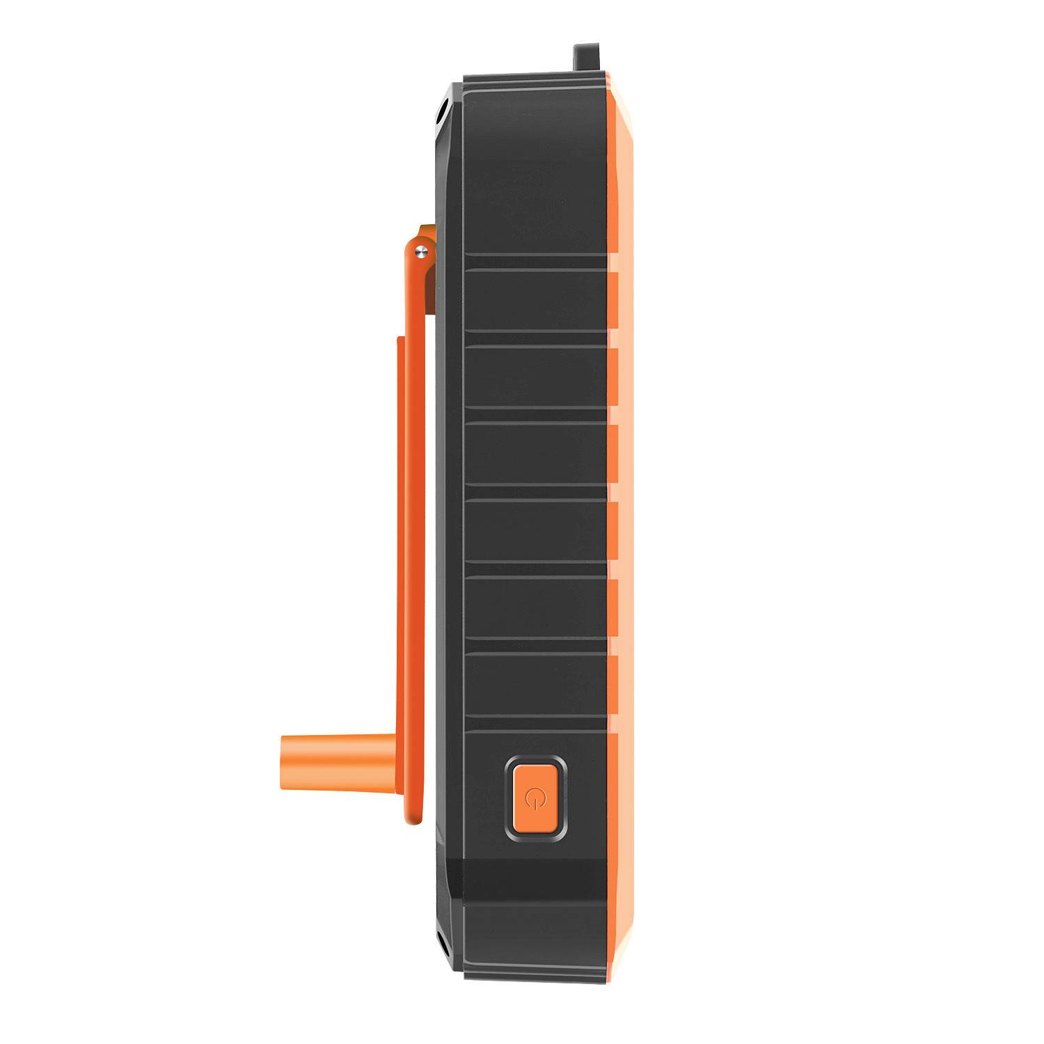 Svart och orange enhet i sidoprofil med synlig knapp och handtag, avsedd för enkel hantering och användning.