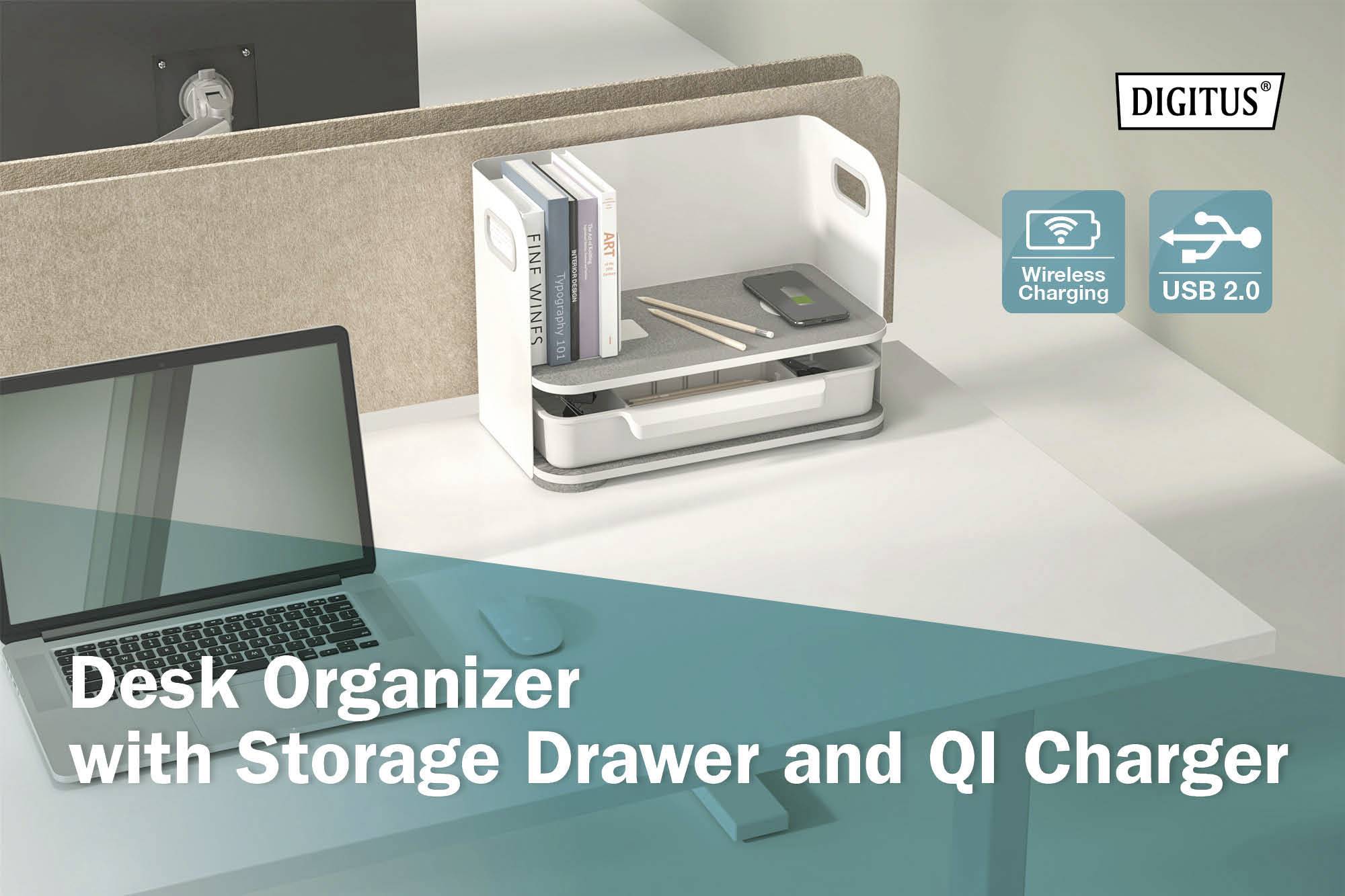 En skrivbordsorganiserare med förvaringsfack och QI-laddare står på ett skrivbord bredvid en öppen bärbar dator.