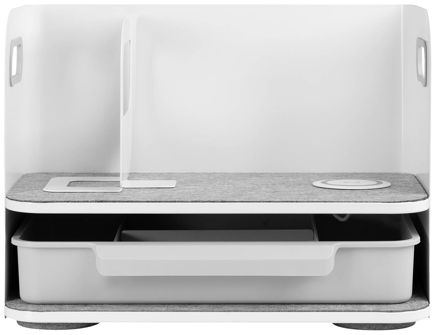 Städad och organiserad förvaringsbox i plast med filtinklädnad, två fack och handtag på sidorna; perfekt för kontorsmaterial.