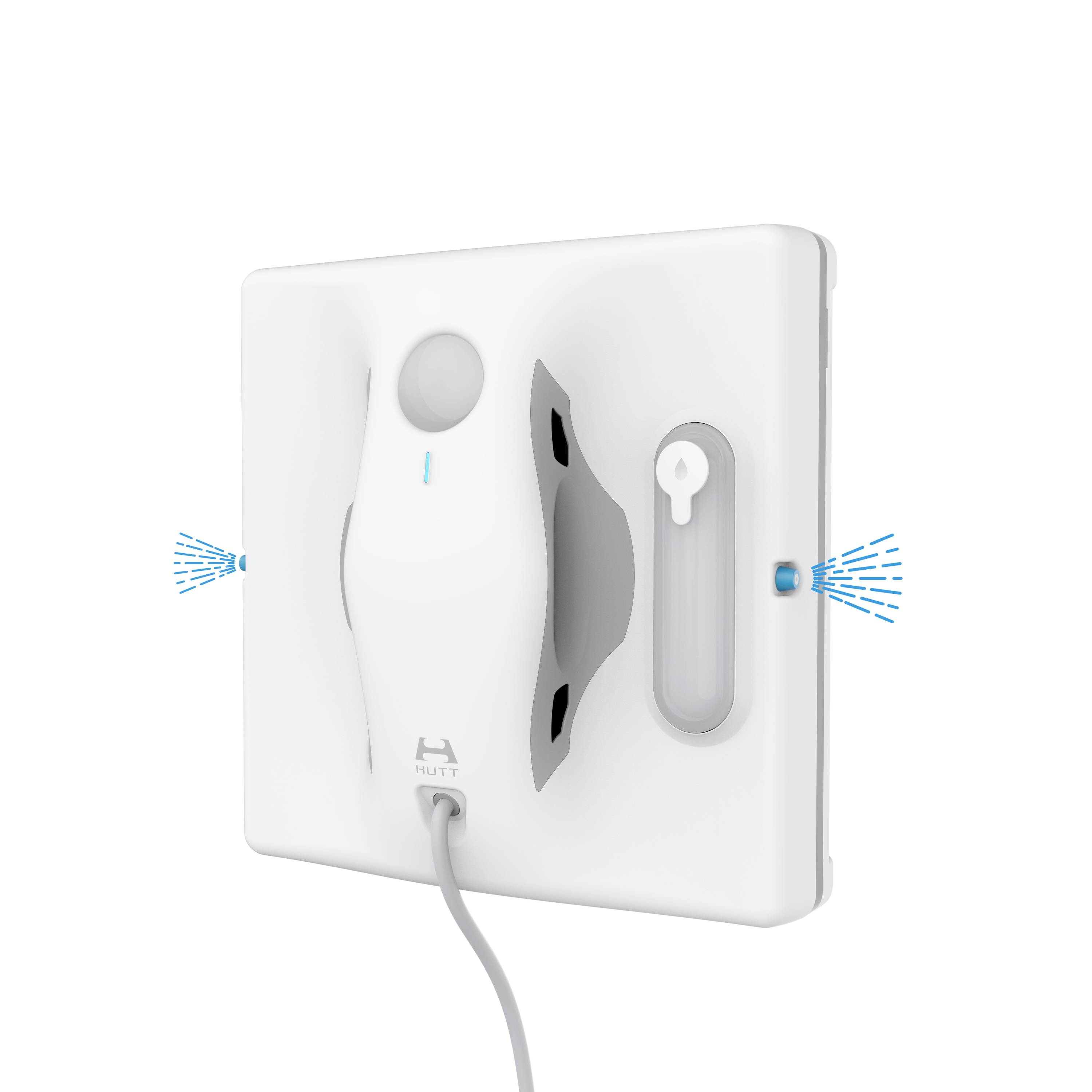 Kabel-driven fönsterputsningsrobot. Roboten har en vit yta och är rektangulär. Blå pilar visar luftströmmens riktning.