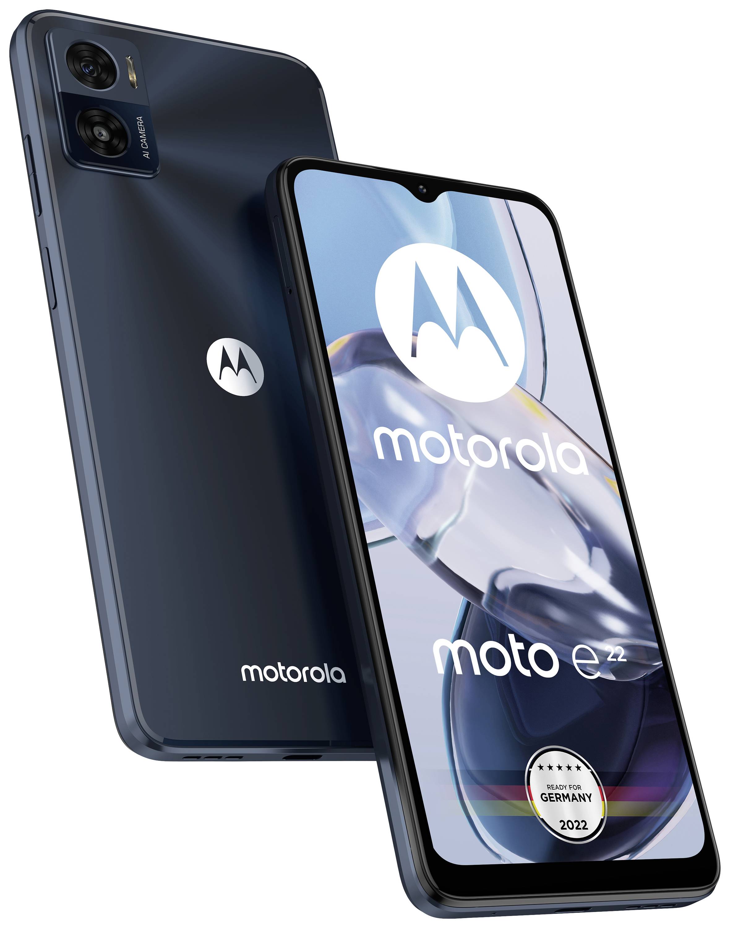 Två mörkblå Motorola Moto e22 smartphones. Skärmen på den främre enheten visar Motorola-logotypen och texten 'Germany 2022'.