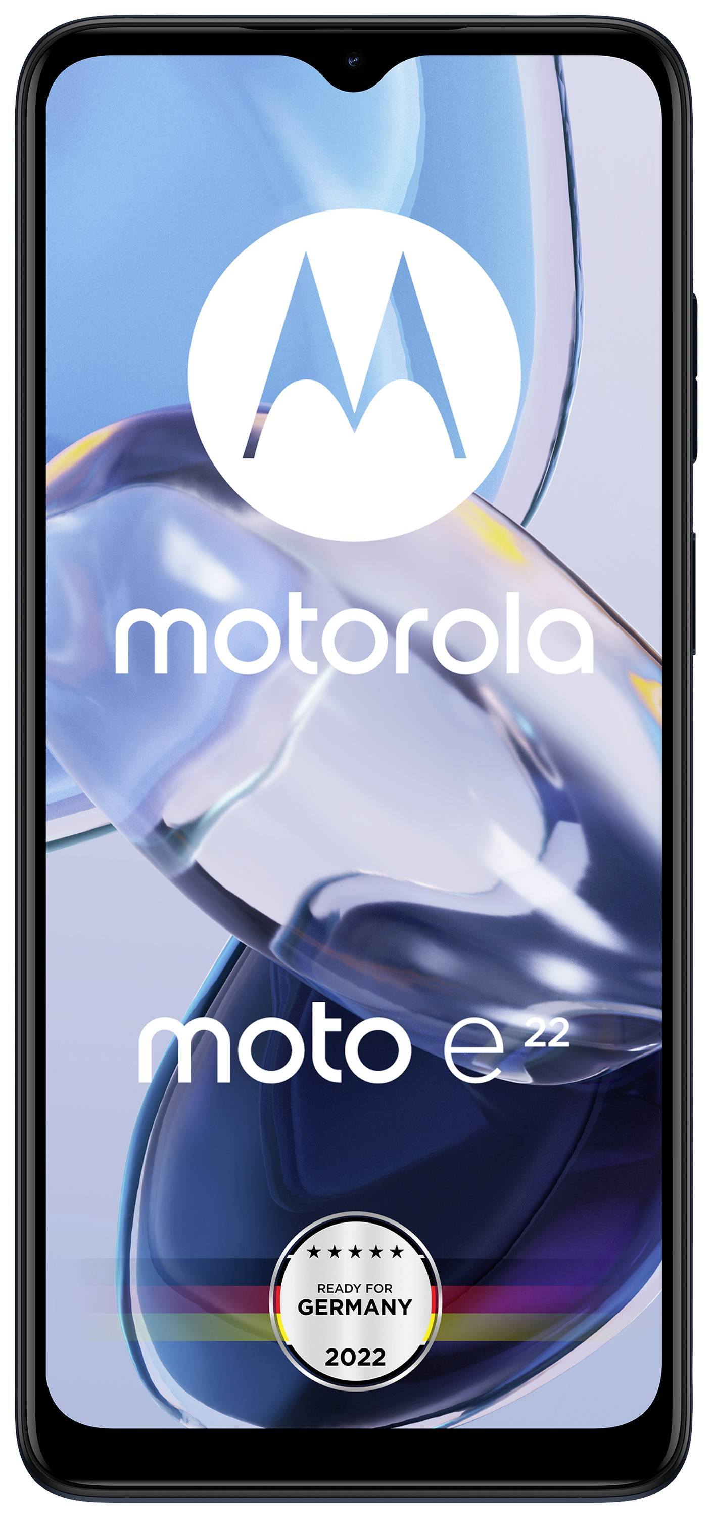En smartphone med Motorola-logotyp och texten 'moto e22'. Längst ner vid skärmkanten står 'MADE FOR GERMANY 2022'.