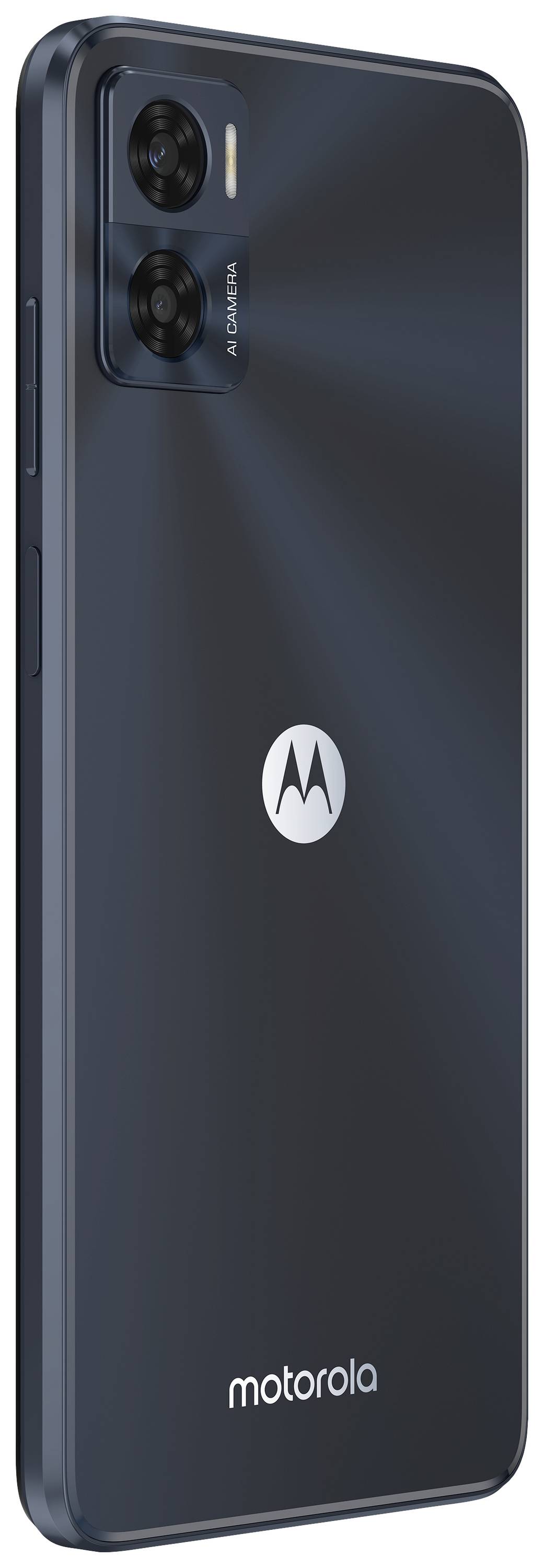 Mörkblå smartphone sedd från sidan, visar två kameralinser och Motorola-logotypen.