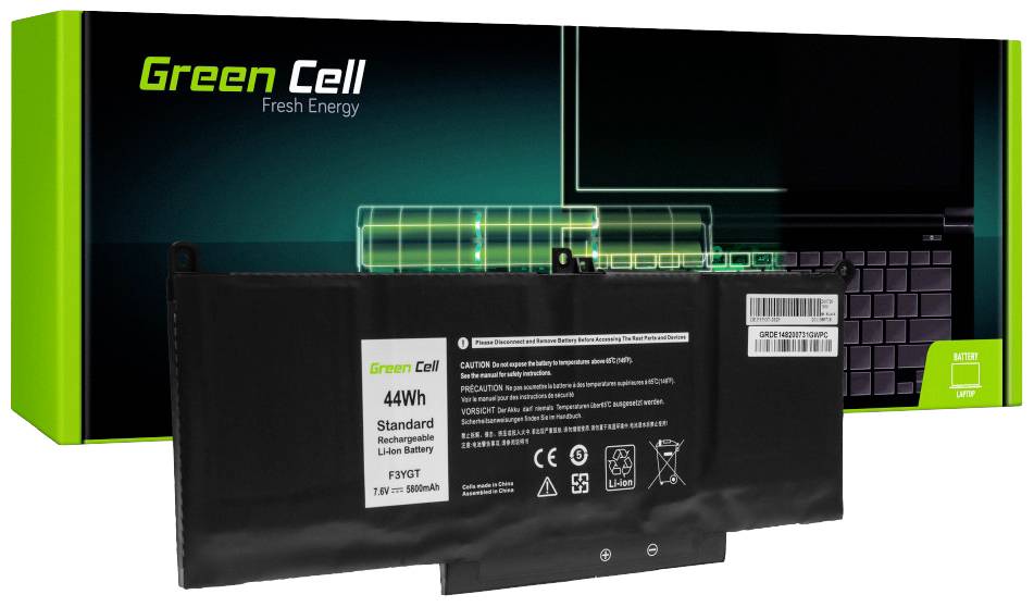 'Green Cell' reservbatteri för bärbara datorer, 44Wh Li-Ion batteri. Förpackning i bakgrunden visar batterischema.