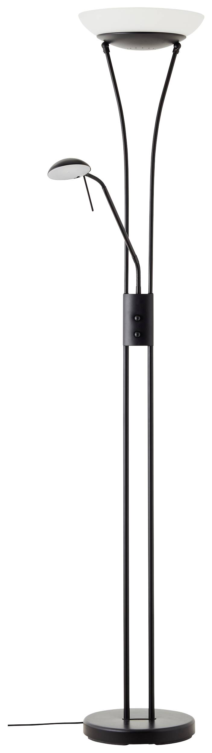 Golvlampa med två lampor: en huvudlampa riktad uppåt och en flexibel läslampa, båda i svart stomme.