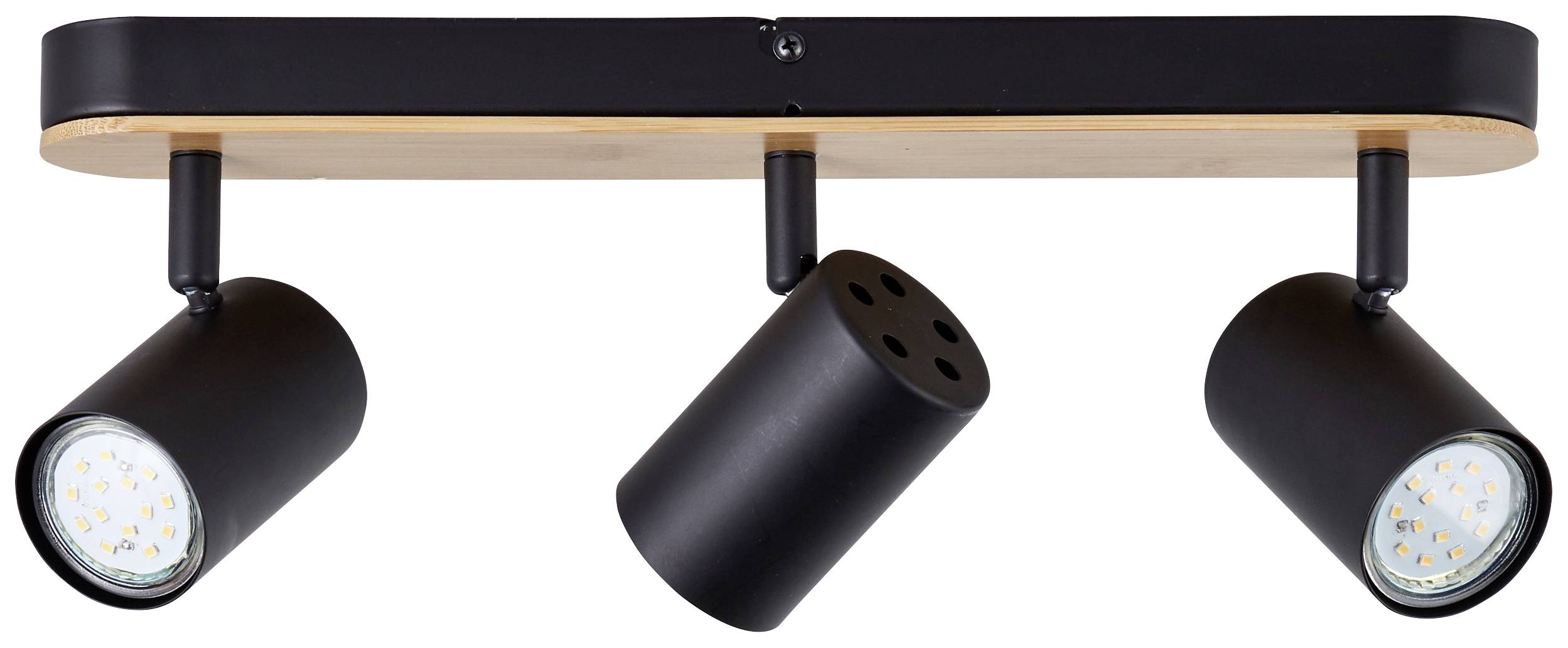 Svart taklampa med två ljuskällor, försedd med runda, justerbara strålkastare på en rektangulär träbas. Modernt design.
