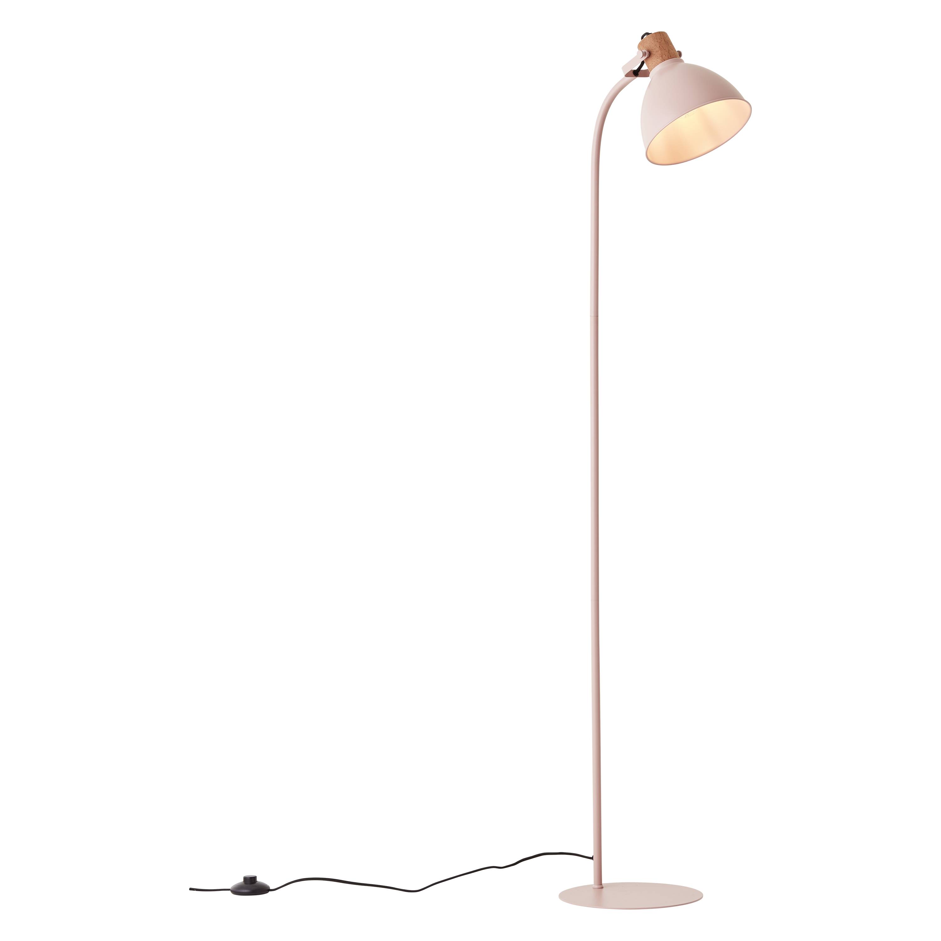 En smal, rosa golvlampa med rund skärm och svart sladd. Perfekt för modern inredning och stämningsfull belysning.