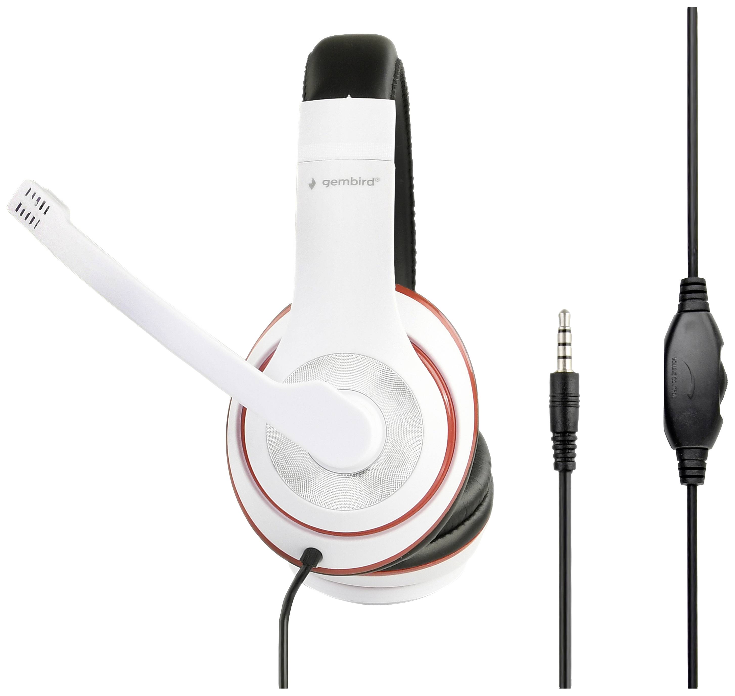 Ett vitt gaming-headset med mikrofon och svart dämpning, bredvid en 3,5 mm ljudkontakt och kabel med volymreglage.