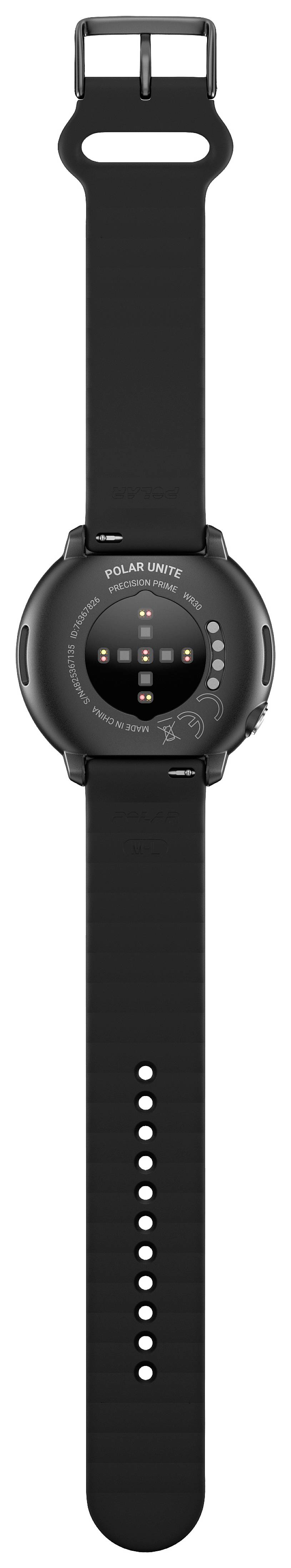 Svart smartwatch med runt hölje och två knappar på sidorna. Displayen visar färgglada, cirkelformade grafiska element.