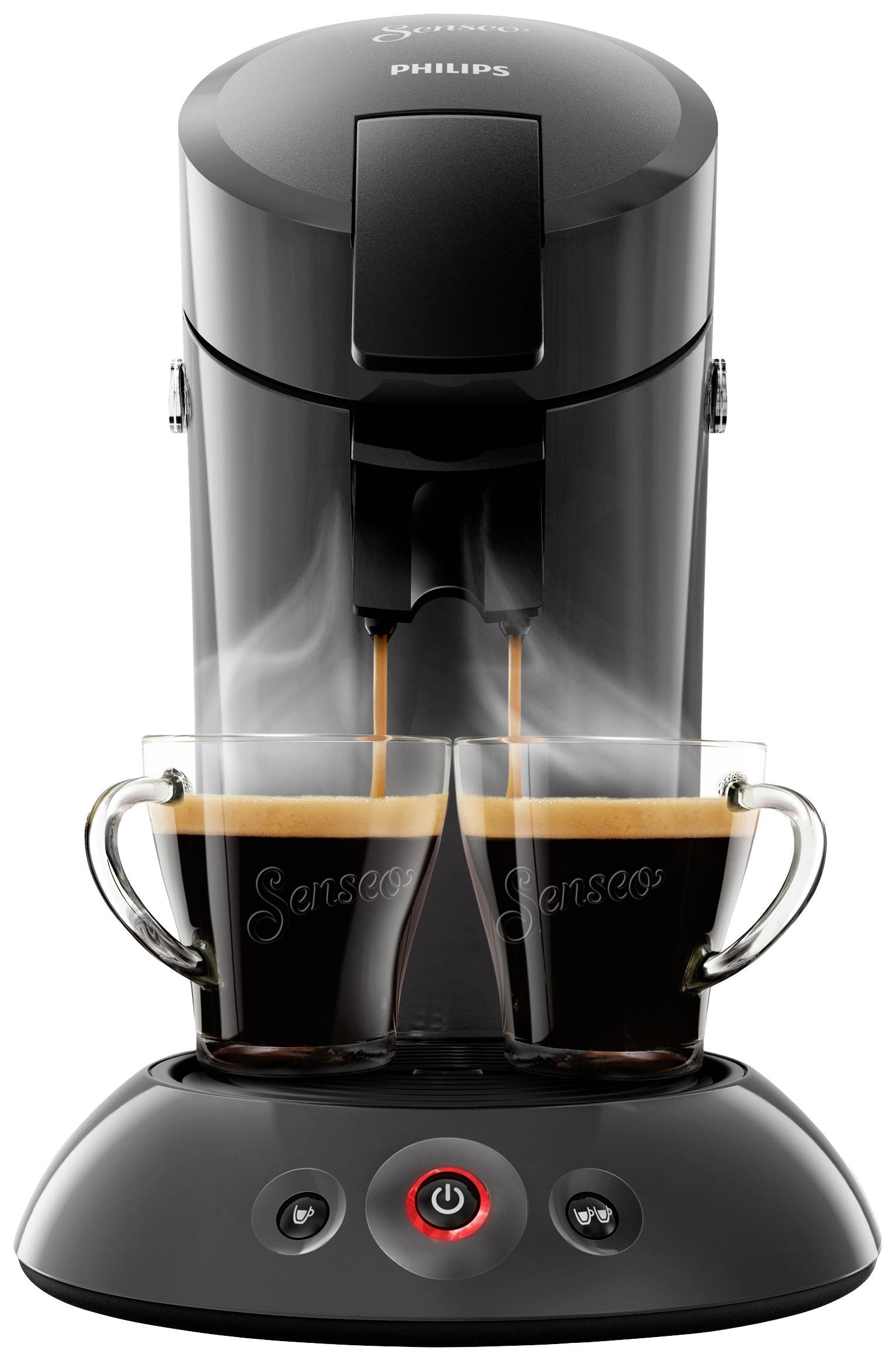 En svart kaffebryggare som häller upp nytillverkad kaffe i två glas. Ånga stiger upp.