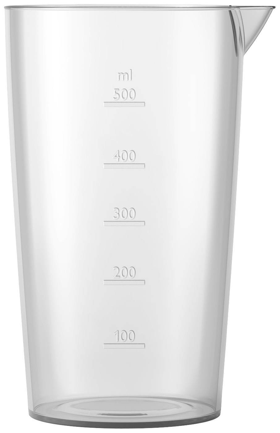 Mätbägare med en kapacitet på 500 ml, transparant material, med skala i 100-ml-steg.