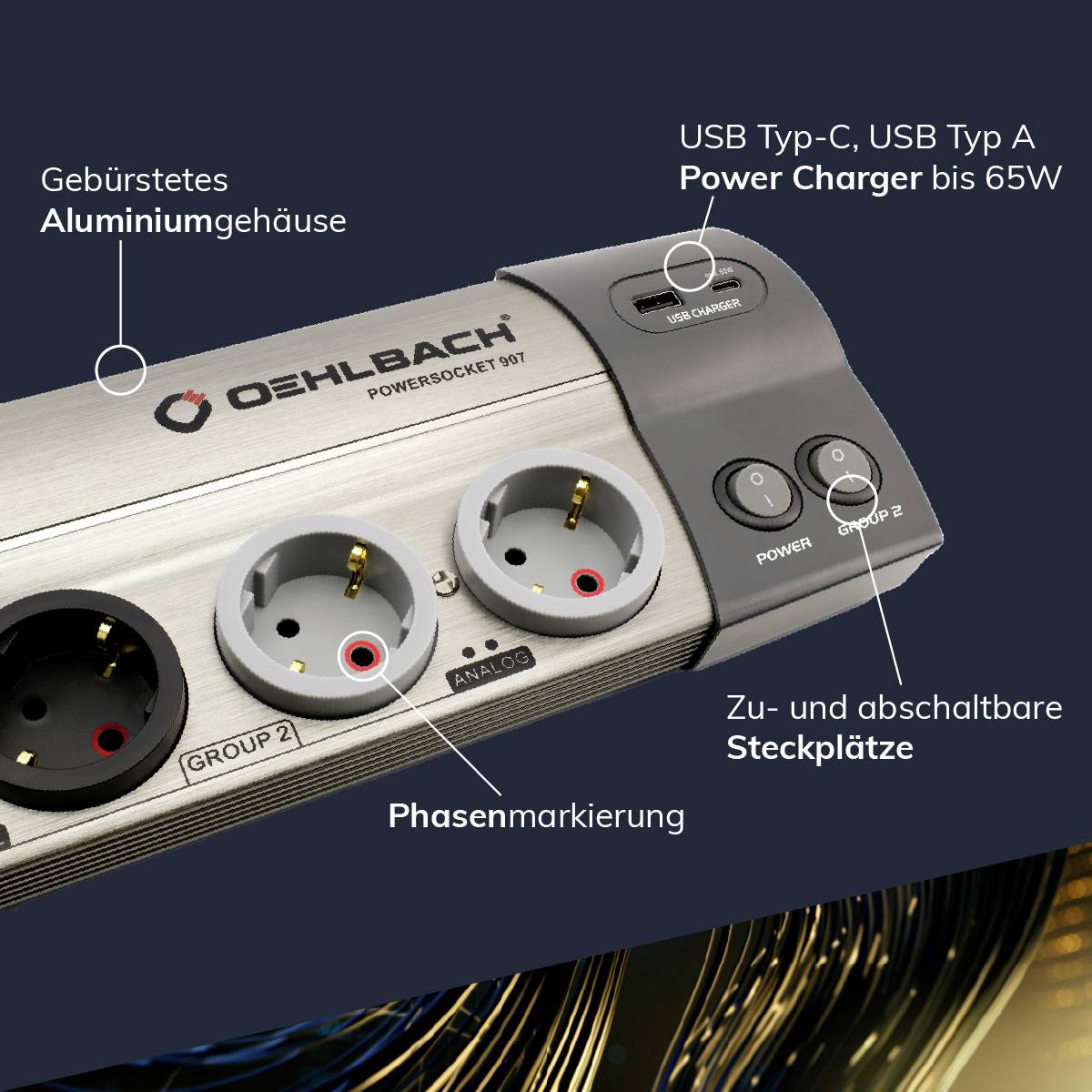Aluminiumhölje Strömadapter 65W med USB Typ-C, Typ-A, fasmarkering, individuellt manövrerbar kontaktrad.