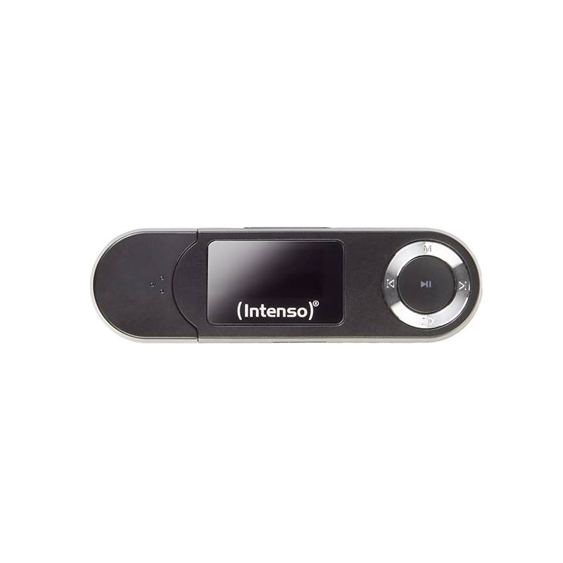 En svart Intenso MP3-spelare med liten skärm och silvrig styrplatta nedanför, på vit bakgrund.