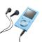 En blå MP3-spelare med svarta hörlurar. Spelaren visar varumärket 'Intenso' och har knappar för navigering och kontroll.