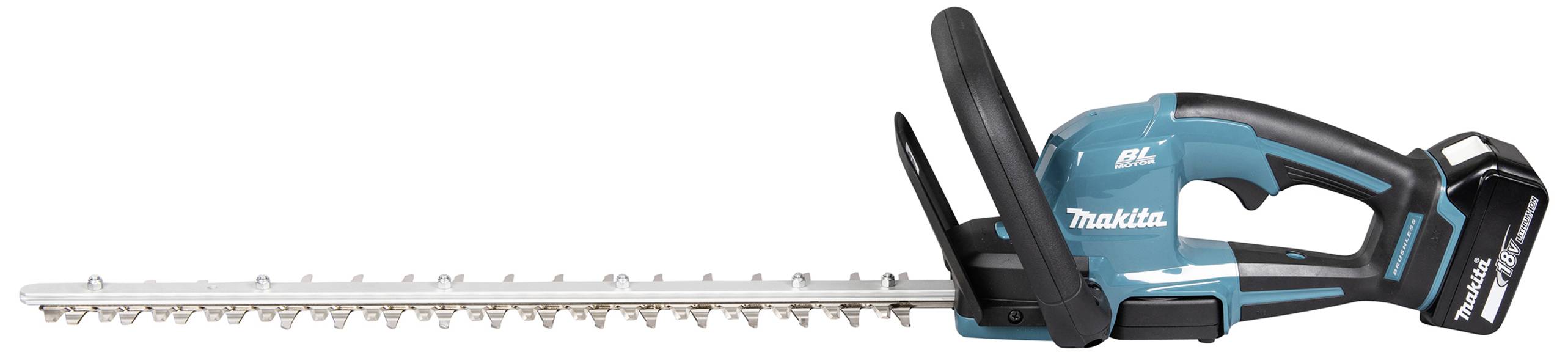 Batteridriven häcksax i blått och svart. Den har ett långt, tandförsett skärhuvud och ett ergonomiskt handtag för enkel hantering.