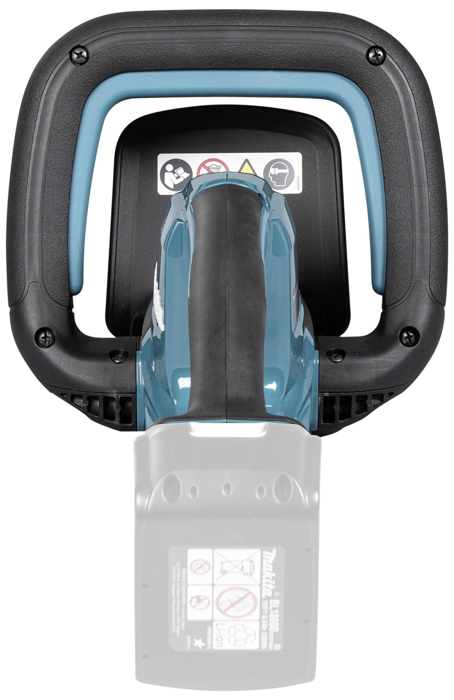 Elektriskt verktyg med ergonomiskt handtag och säkerhetsvarningar på baksidan.